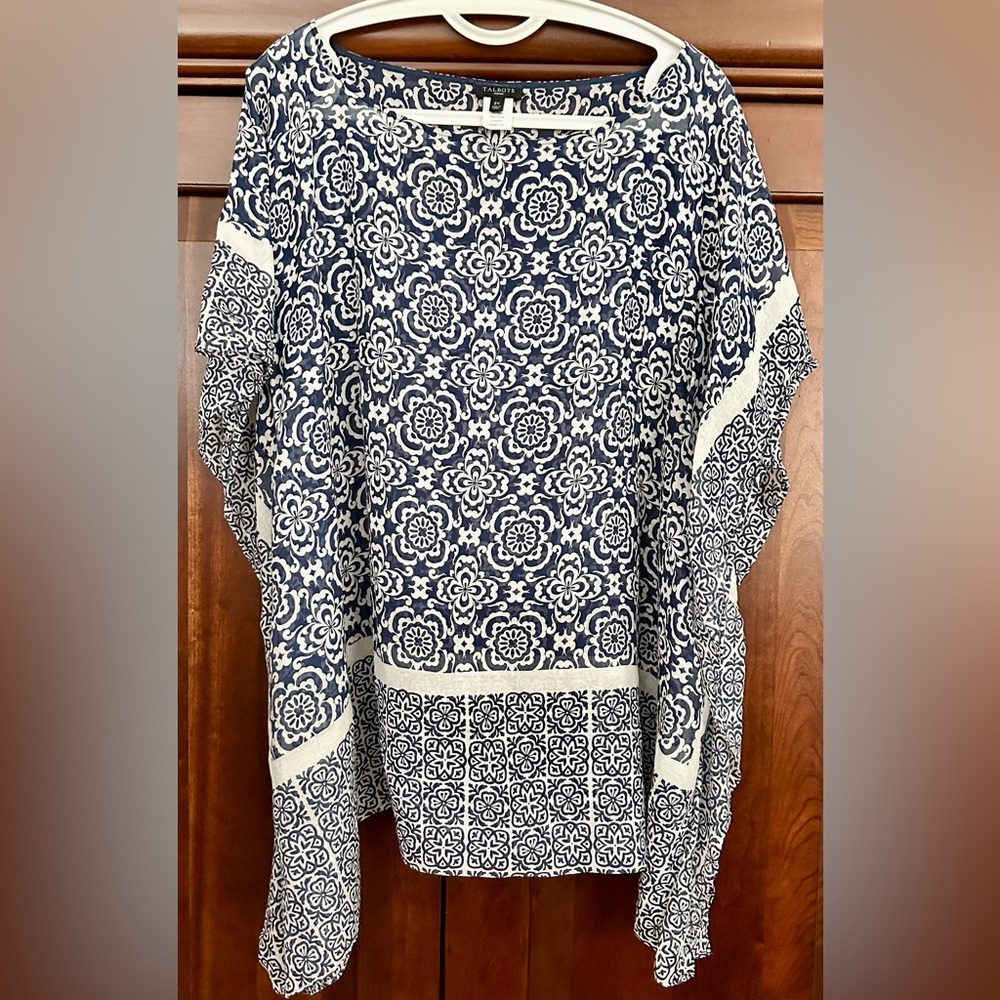 Talbots Navy and White Sheer Geometric Overlay Top